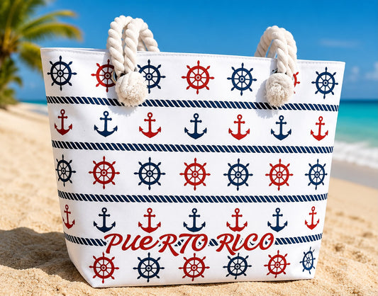Puerto Rico Nautical Beach Tote Bag – Anchor & Ship Wheel Canvas Tote